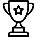 Black and white icon of a trophy cup with two handles and a star on the front.